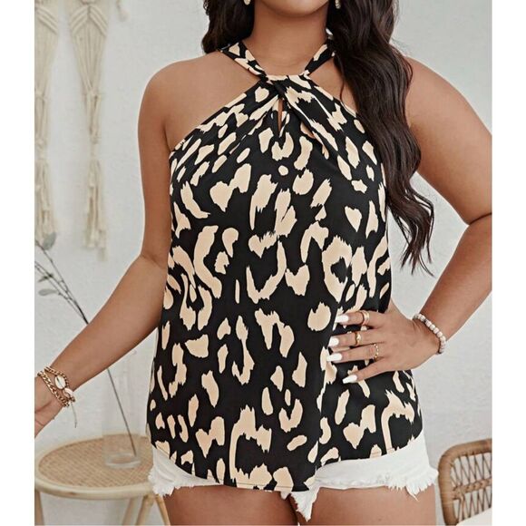 Shein Curve Halter Top Sleeveless Size 1X 14 Twist Neck All Over Animal Print - Picture 1 of 11